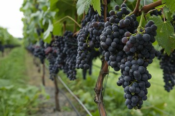 Ripe grapes growing on vine in lush green vineyard
