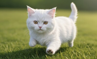 Naklejka na ściany i meble Cute white cat run on the grass with happiness