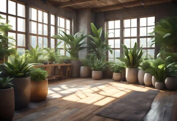 Serene indoor garden with ample sunlight, A cozy space surrounded by potted plants, Sunlit room with a jungle-like atmosphere.