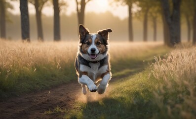 dog running in a field with a blurry background of trees