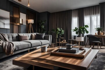 Minimalist monochrome living space with central coffee table, Chic black and grey lounge area featuring stylish coffee table, Sleek black and grey living room with modern coffee table.