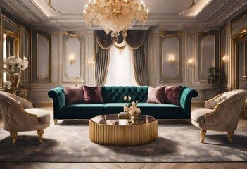Rich velvet furnishings create a lavish atmosphere in chic lounge, Stylish gold and velvet décor exudes luxury in modern living room, Luxurious gold velvet sofa and armchairs in elegant living room.