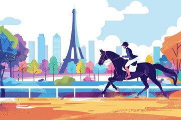 The Summer Olympic Games in Paris, equestrian sports riding a horse on the background of the Eiffel Tower. Art modern design Grainy gradients. generative ai - obrazy, fototapety, plakaty