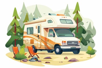 Obraz na płótnie Canvas Recreational vehicle camping in nature, flat vector illustration isolated on white