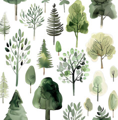 Set of Trees Watercolor Painting