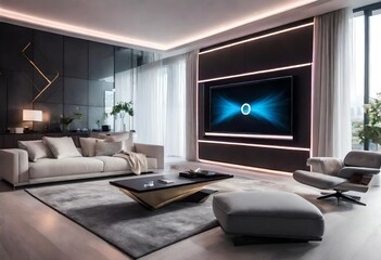 Stylish lounge area with television display, Minimalist living space featuring television, Modern family room with sleek TV wall.
