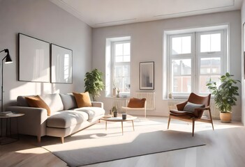 Naklejka na ściany i meble Cozy living space with neutral color palette, Minimalistic living room with natural lighting, Scandinavian-inspired decor in a bright room.