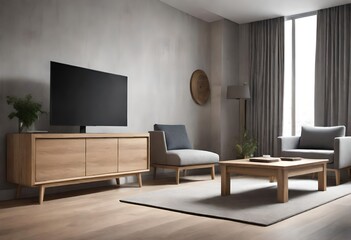 Naklejka na ściany i meble Cozy living room with wooden furniture and TV, Contemporary living room with wooden furnishing and television, Warm and inviting living room setup with TV.