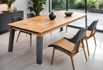 Fototapeta na wymiar Minimalist design with wooden table and chairs, Elegant dining room with wooden furnishings, Sleek wooden dining set in modern room.