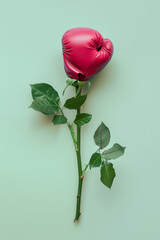 Red rose made of boxing glove isolated on pastel green background. Symbol of strength and beauty, contrast, unpredictability. Minimal concept of competition or training. Top view.