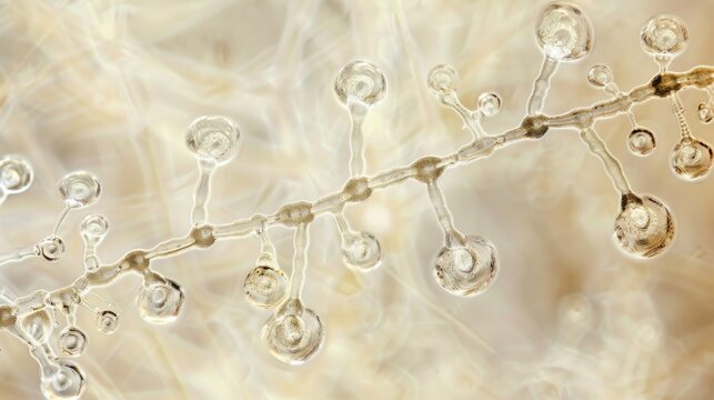 A microscopic view of a conidial chain with each individual conidium resembling a tiny bead on a necklace connected by thin filaments.