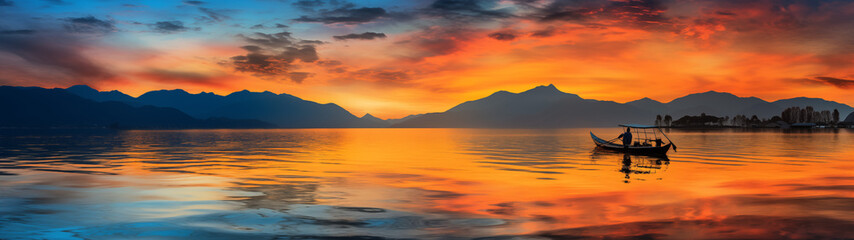 Sunset on Lake with Silhouetted Fishermen in Boat Against Fiery Sky