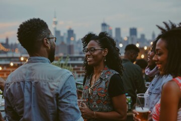 Friends Enjoying Rooftop Party with City Backdrop