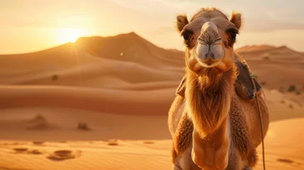 Foto op Plexiglas Camel portrait in the desert at golden hour sunset. AI Generated  © Serhii