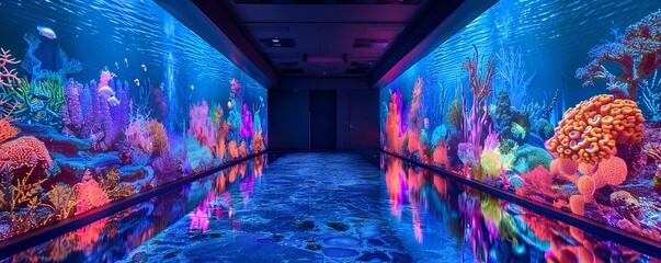 Corner of the swimming pool where LED lights are used to create colorful and amazing light shows,LED-lit swimming pool,Colorful aquatic lights,Pool lighting effects,Mesmerizing underwater scenes,