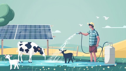 A farmer filling up a large watering trough for their livestock using a hose connected to a solarpowered water pump. . . - obrazy, fototapety, plakaty