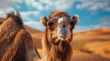 Fototapeta premium Camel in the desert portrait. AI Generated 