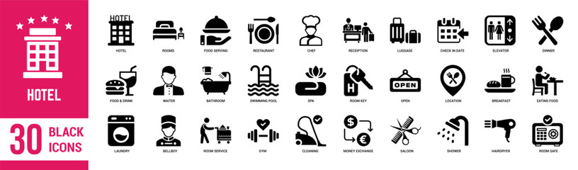 Hotel solid icons set.  Hotel, holiday, room, breakfast, shower, key, baggage, massage, card, bed and food. Vector illustration