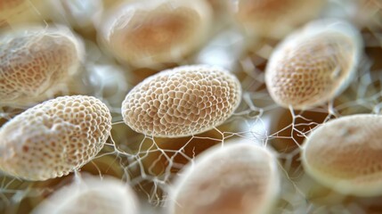 A collection of small ovalshaped eggs with a bumpy surface and a light brown color secured to a surface by thin threads of bacteria.