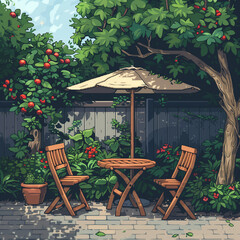 pixel art illustration of a patio set outdoors, video game background, background for video games, patio furniture