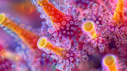A colorful image of a plants pollen tubes in motion captured using timelapse photography. The tubes are moving and changing shape - obrazy, fototapety, plakaty