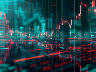 Abstract concept of a digital financial market with futuristic glowing graphs and stock market data analysis in cyberspace.