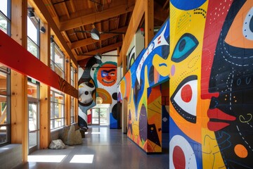A large room with a mural on the wall. The mural is colorful and has a lot of detail. The room is open and has a lot of natural light coming in from the windows. The mood of the room is bright