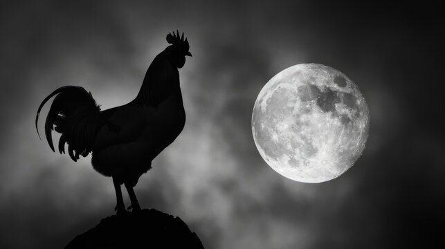 A dramatic black and white photograph of a chicken silhouette against a full moon