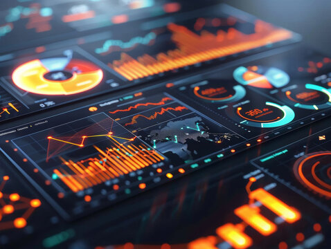 Close-up on a high-tech financial data visualization interface with dynamic charts and graphs on a digital screen. - Powered by Adobe