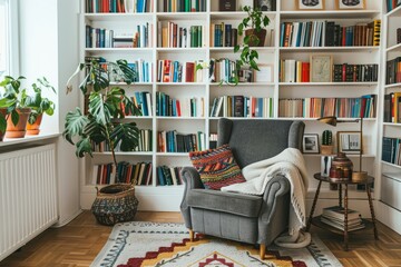 A cozy living room with wooden bookshelves, a chair, and a plant