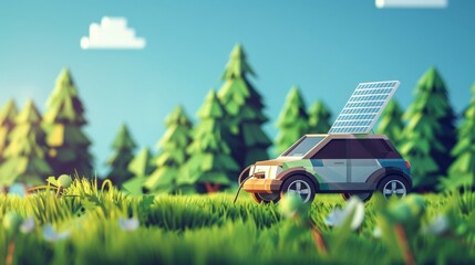 A closeup of a solar panel charging a personal electric vehicle with a clear blue sky and green trees in the background. . .