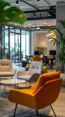 Fototapeta premium Contemporary office lounge space featuring stylish chairs and a relaxed, inviting atmosphere for informal meetings.