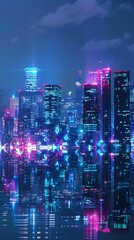 A cyberpunk-inspired cityscape infused with neon lights and digital data overlays, reflecting a high-tech urban environment.