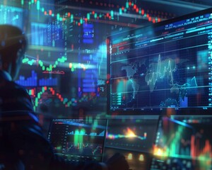 Obraz premium A trader in silhouette foreground views advanced digital screens showing global financial markets with analytical graphs.
