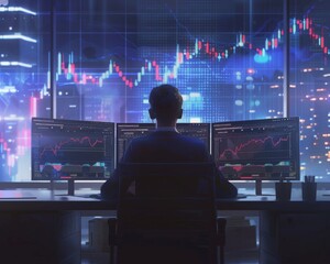 Rear view of a trader monitoring stock market performance on multiple computer screens in a dimly lit office.