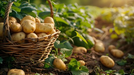 Fresh organic potatoes in the field. Background many large potatoes in the basket and green leaves on the ground close-up. - Powered by Adobe