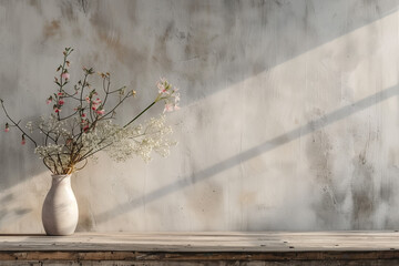Wooden table with vase with bouquet of flowers near empty, blank cement wall. Home interior background with copy space. - obrazy, fototapety, plakaty