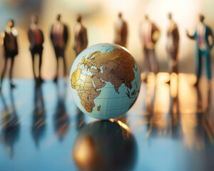 Miniature business figures standing behind a globe, depicting a concept of global leadership, teamwork, and international business relations.