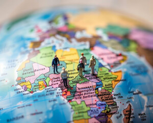 Fototapeta na wymiar Tiny figures of people positioned on a vibrant, detailed world map, representing exploration, travel, or global demographics.