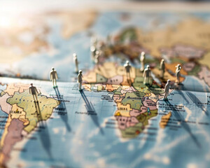 Tiny figures of people positioned on a vibrant, detailed world map, representing exploration,...