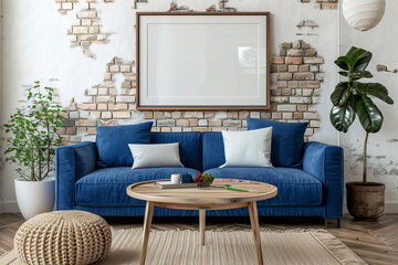 Farmhouse interior design of modern living room, home. Wooden round coffee table and knitted pouf near blue sofa against white and brick wall with poster frame.