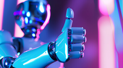 A robot with a thumbs up gesture. The robot is blue and has a metallic look. The image has a futuristic and technological vibe