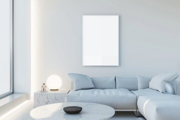 House interior with grey couch, table, and wall picture for comfort and style