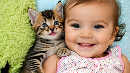 Adorable kitten and happy kids, AI generated