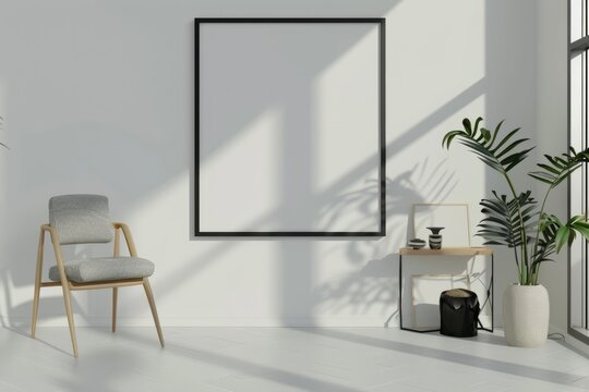 Living room with chair, plant, and picture frame on the wall