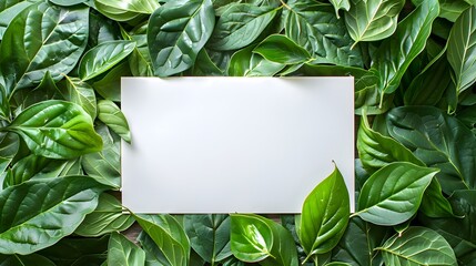 Creative layout composition frame of juicy green leaves with beautiful texture with paper card note, macro. Flat lay. Nature concept, copy space.