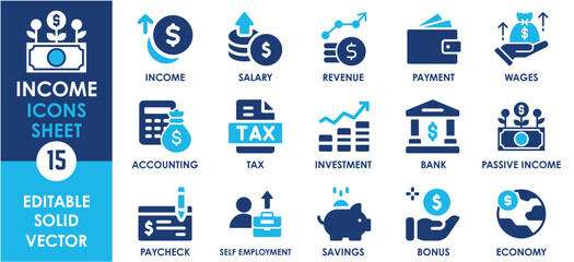 Income icon set. Containing money, tax, earnings, payment, accounting, paycheck and so on. Flat earning icons set.