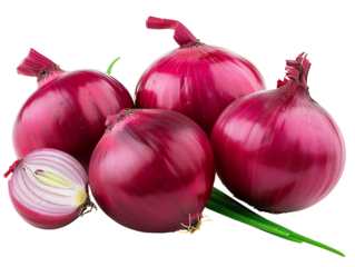 red onions with a leaf, seen from the front. png file of isolated cutout object with white background