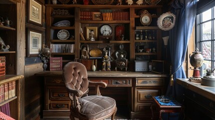 A cozy home office nook with a vintage roll-top desk, plush velvet chair, and shelves filled with antique curiosities and collectibles, evoking a sense of nostalgia and charm. - obrazy, fototapety, plakaty