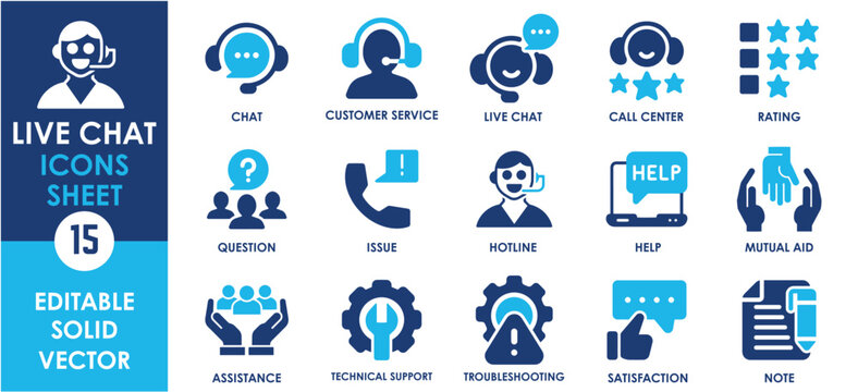 Live Chat and support icon set. Containing helpline, mutual aid, service, technical support, help and so on. Flat live Customer service icon set.